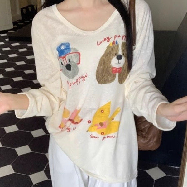 Cartoon Printed Cute Dog Long Sleeve T-shirt Loose