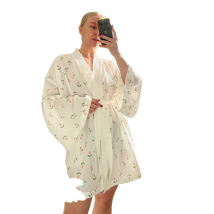 AutumnWinter Tulip-Print Long-Sleeve NightgownBathrobe