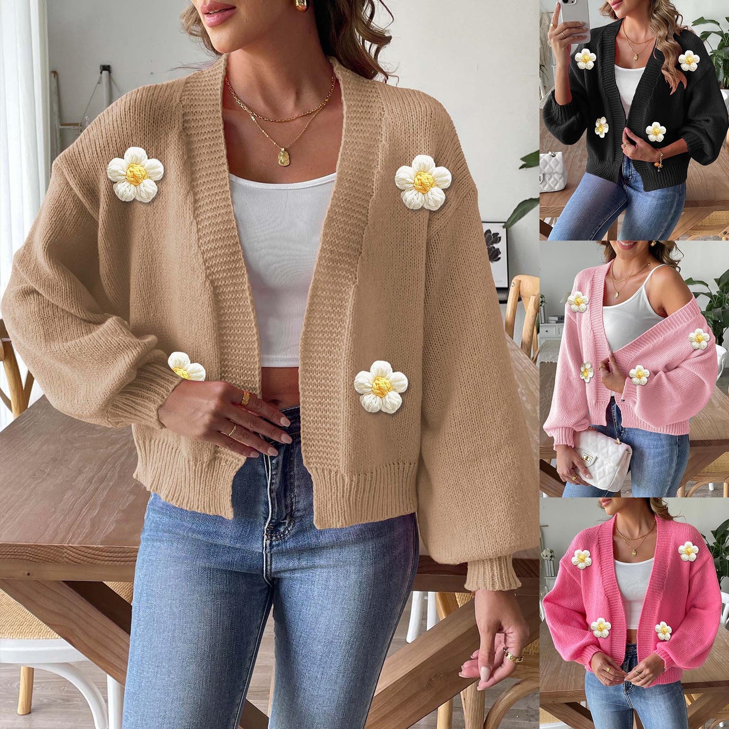 Women's Cardigan Crocheted Patchwork Knitting Long Sleeve