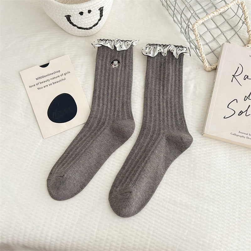 Pure Cotton Lace Cartoon Embroidered Mid-calf Socks