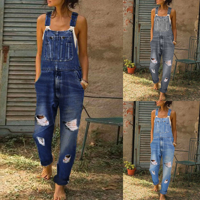Jumpsuit Women's Fashion Denim Ripped Hole Cut Solid Color Overalls
