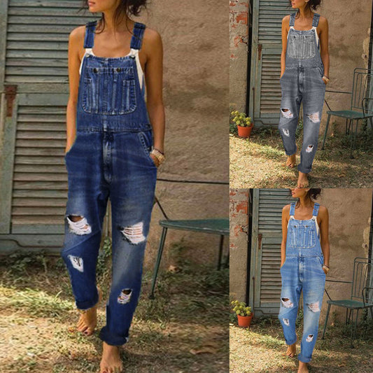 Jumpsuit Women's Fashion Denim Ripped Hole Cut Solid Color Overalls