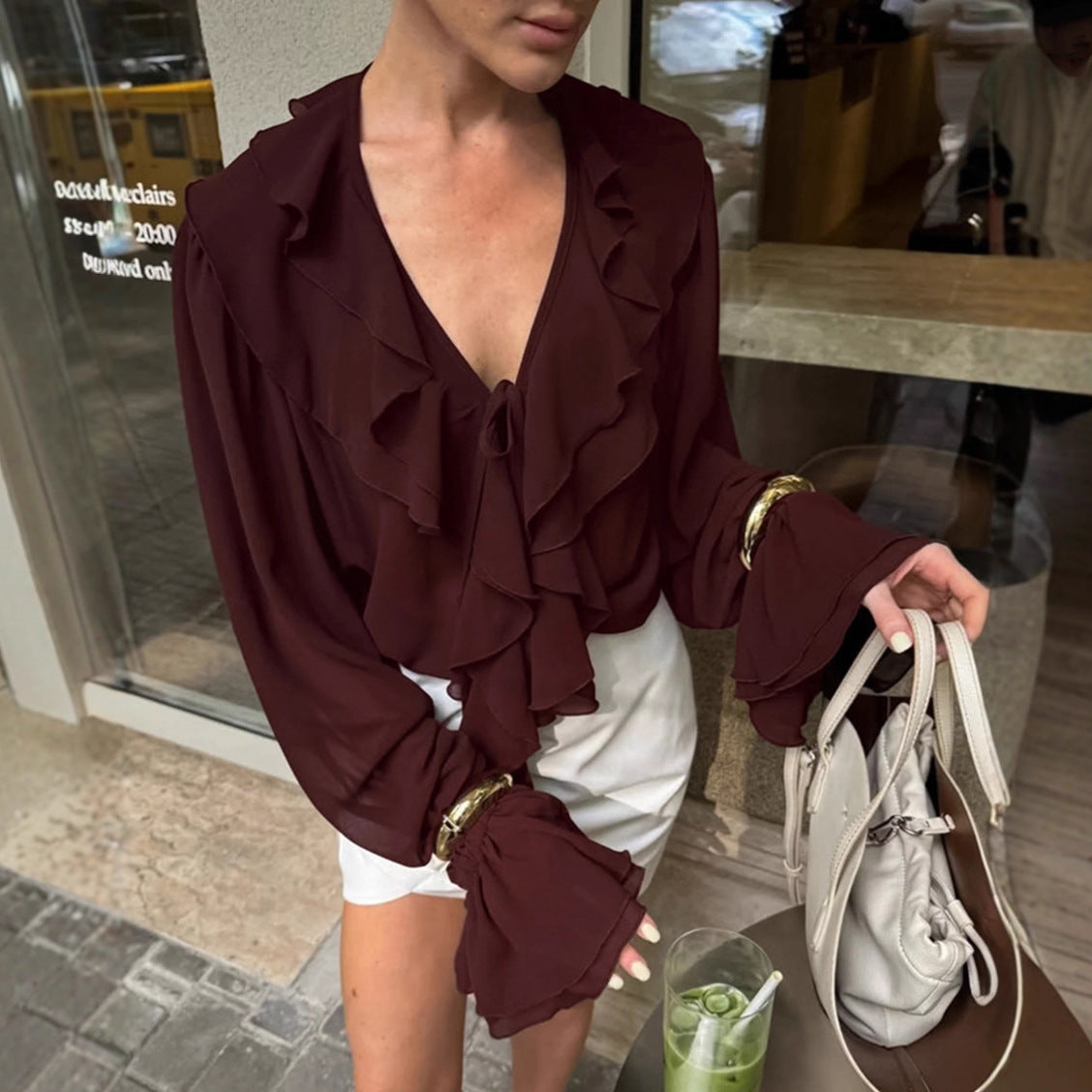 Retro Bordeaux V-hals Bluse Med Snøredetalje