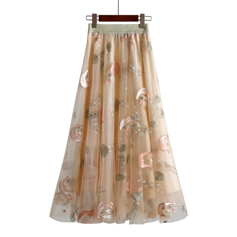 Heavy Industry Embroidered Yarn Mesh Long Skirt For Women