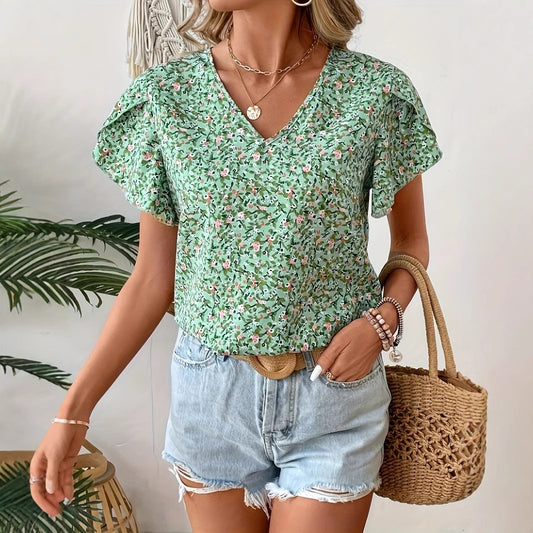 Women's Casual Floral Printed V-neck Ruffle Sleeve Shirt