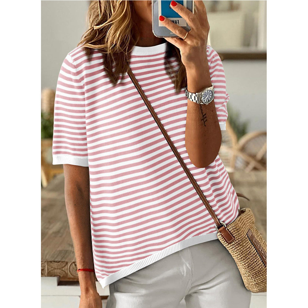 Women's Round Neck Striped Contrast Color Short Sleeve Casual