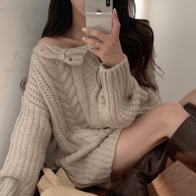 Side Button Hemp Pattern Design Loose Long Sleeve Knitted Sweater