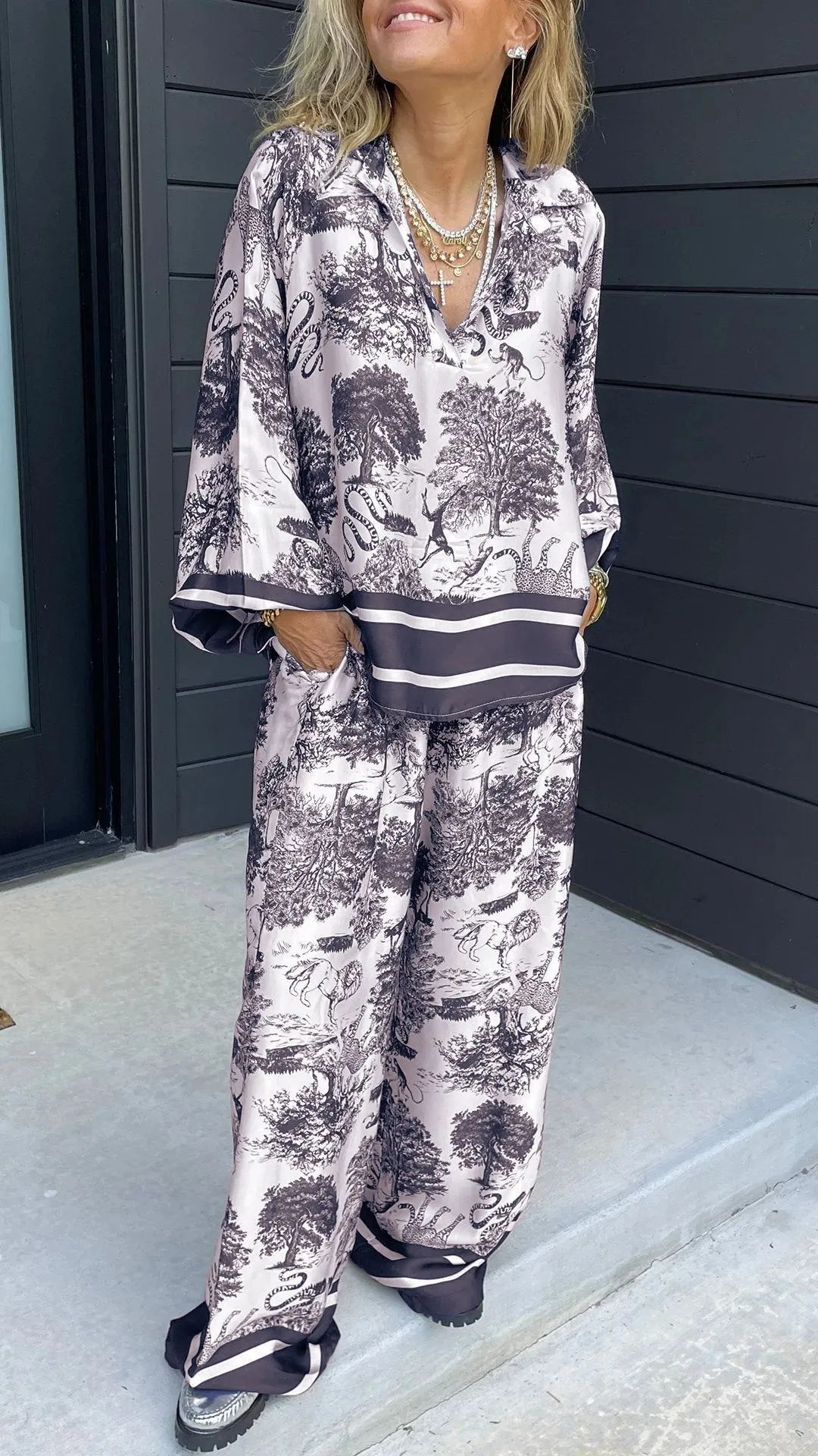 Expert V-neck Printed Long Sleeve Pocket Casual Women's Suit