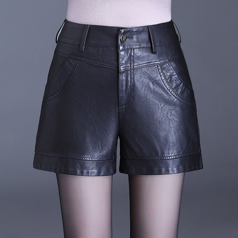 Black Wide-leg Slim High-waist Leather Shorts