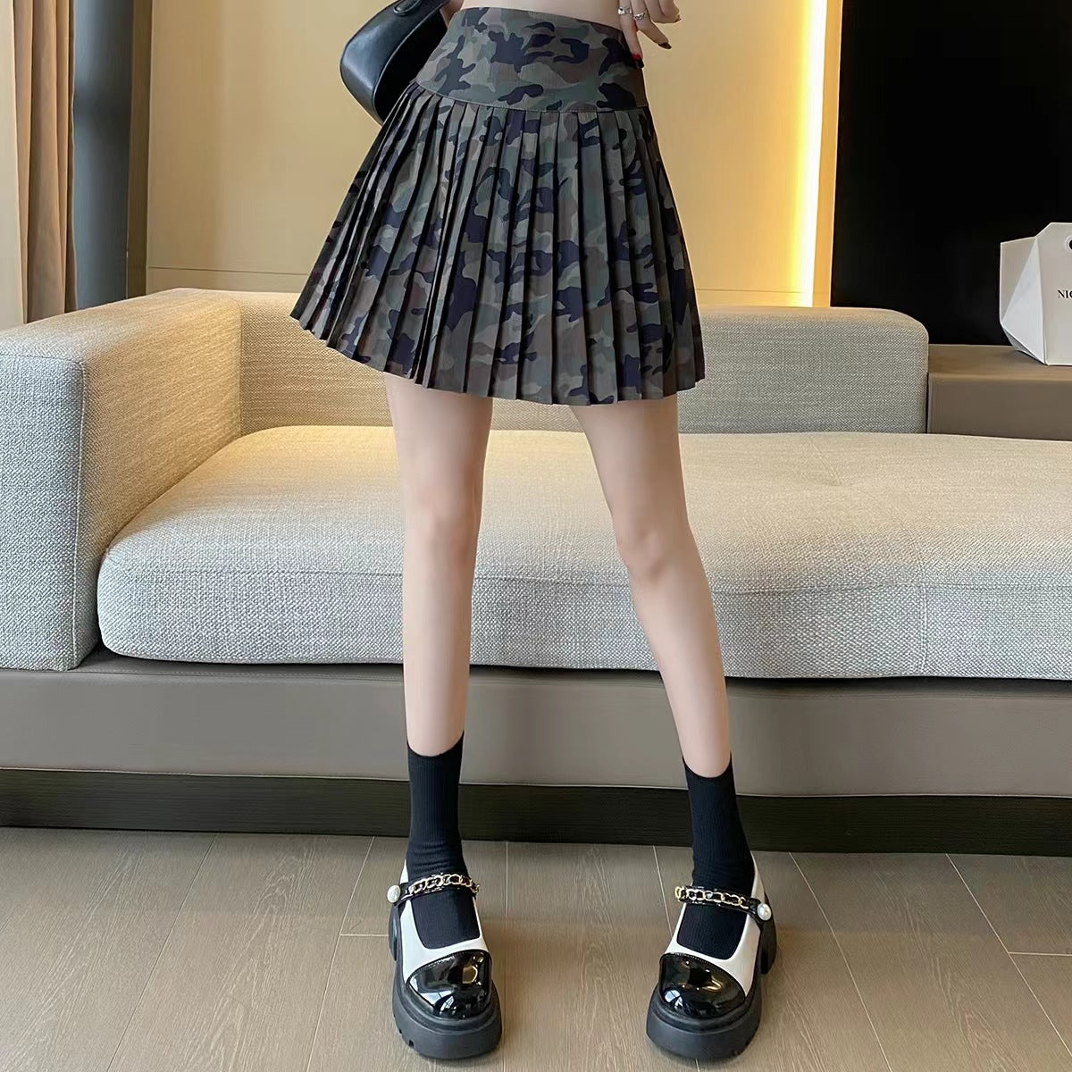 Camouflage All-Match Mid-Rise Pleated A-Line Skirt