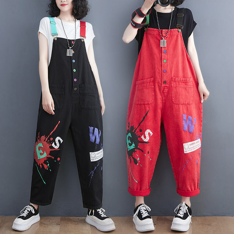 Women's Summer Thin Loose Plus Size Printed Denim Overalls
