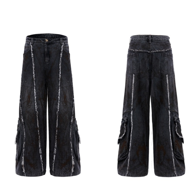 Raw Edge Splash-dyeing Distressed Padded Shoulder Denim Coat