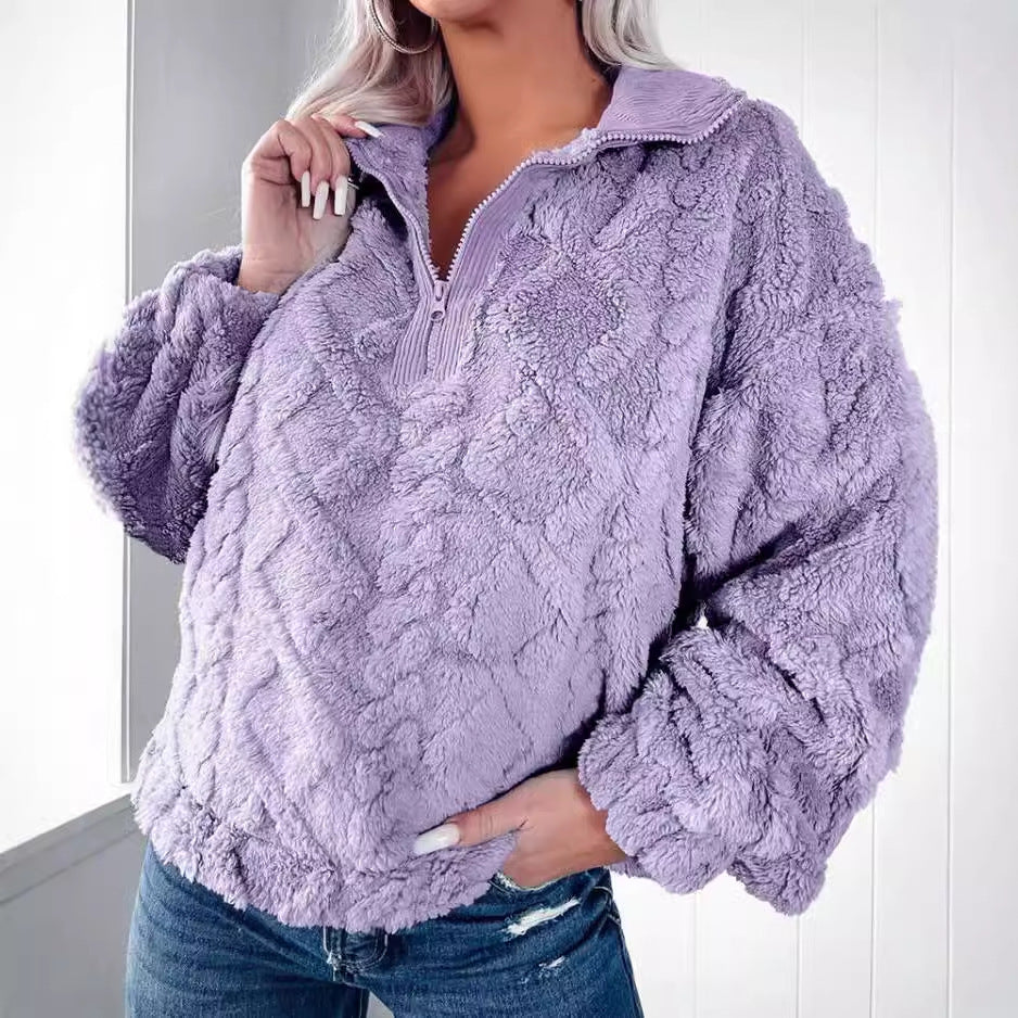 Enkel ensfarvet fleece-sweatshirt med lynlås og opretstående krave