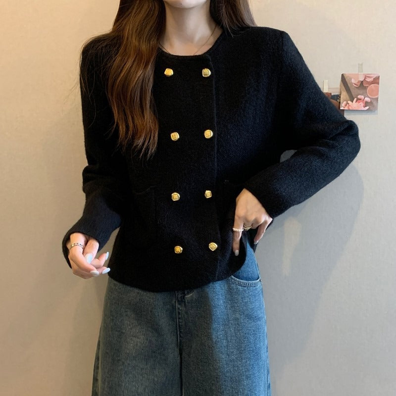 Solid Color Double Breasted Round Neck Knitted Cardigan