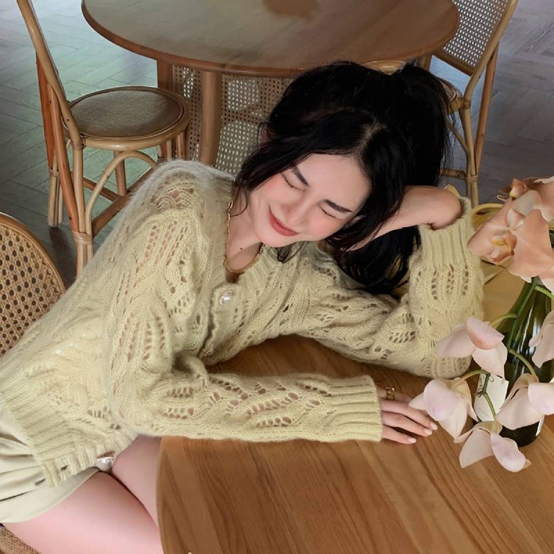 Hulstrikket Mohair Hvid Cardigan
