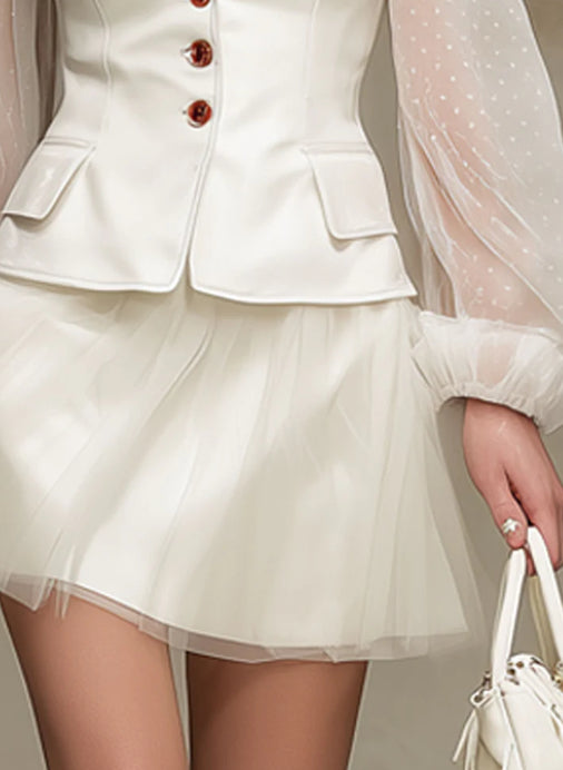 Fashionable Retro White Polka Dot Tulle Long-sleeved PU Suit Skirt Set
