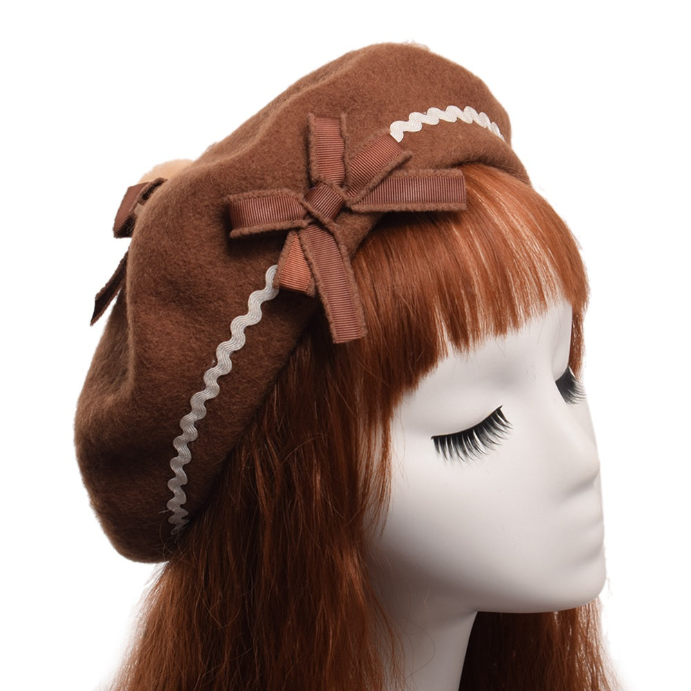 Fashion Japanese JK Lolita Wavy Bow Furball Beret