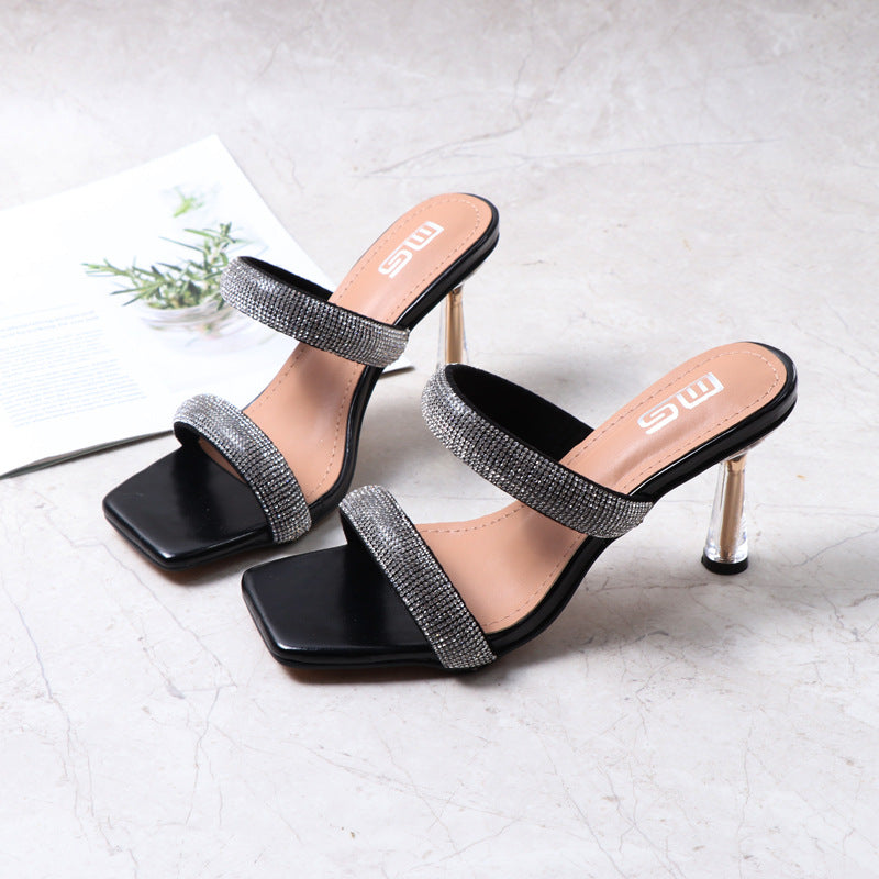 Crystal Stiletto Heels, Versatile And Comfortable Solid Color Slippers With Rhinestones