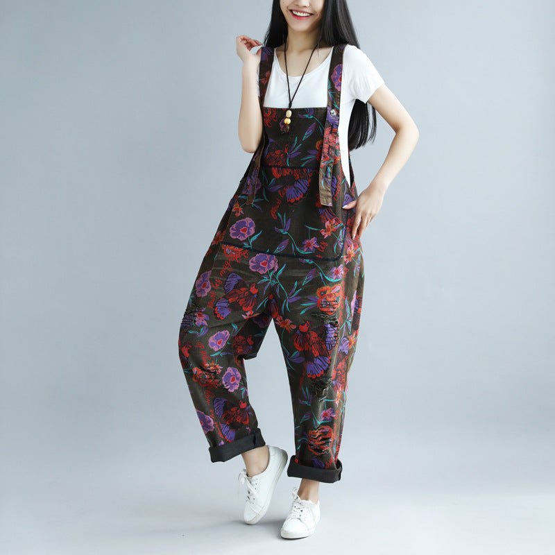 Print Distressed Big Crotch Ripped Pastoral Style Suspender Pants