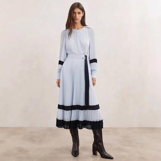 Color-blocked Round-neck Lace-trimmed Dress With A Belt
