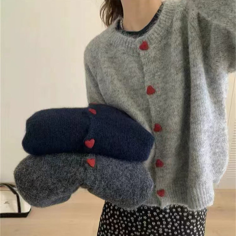 Rundhalset Matchende Design Kærlighed Pige Spænde Strikket Cardigan Sweater Frakke Til Kvinder