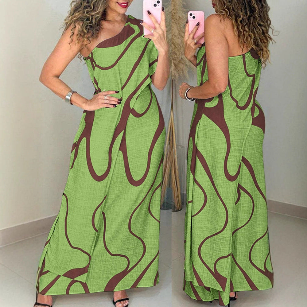 Vacation One-shoulder Sleeveless Printed Dress