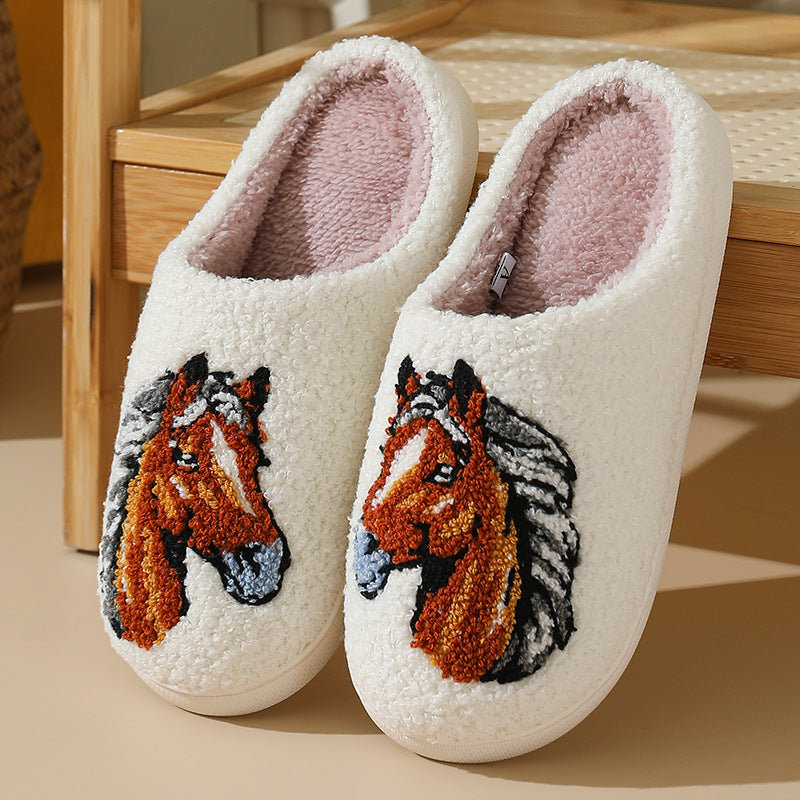 Comfortable Home Warm Cartoon Embroidery Horse Head Cotton Slippers