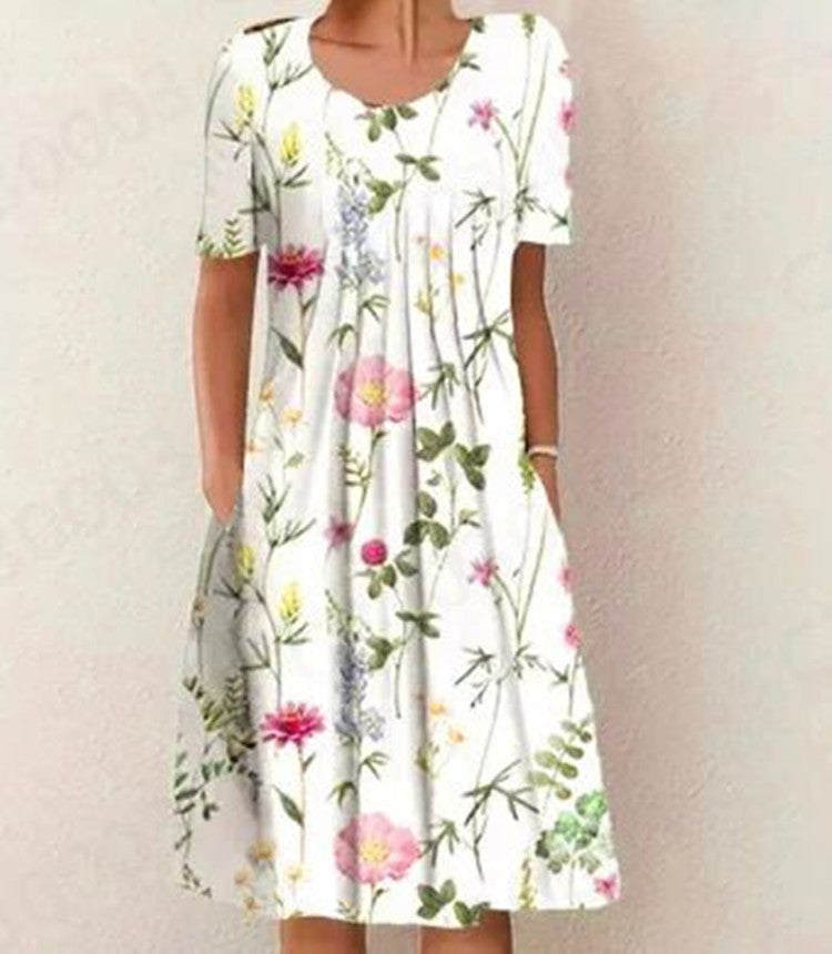 Spring And Summer Women's Elegant Large Swing Round Neck Printed Short Sleeve Dress