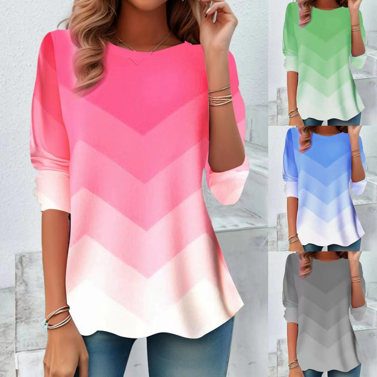 European And American Round Neck Long Sleeve Striped Tie-dye Temperament Leisure T-shirt Top