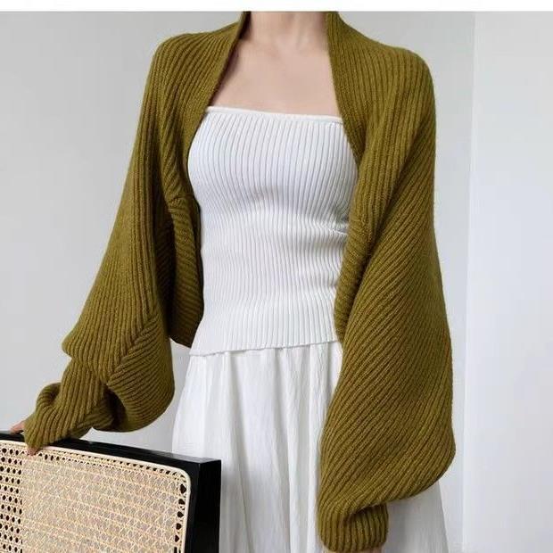 Strikket cardigan-jakke til kvinder, flagermusærmet sweater, kort, temperamentsfuld