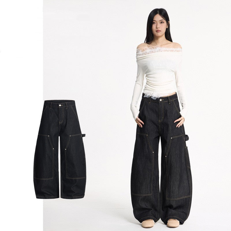 shaped Wide-leg Double-knee Raw Denim Workwear Jeans