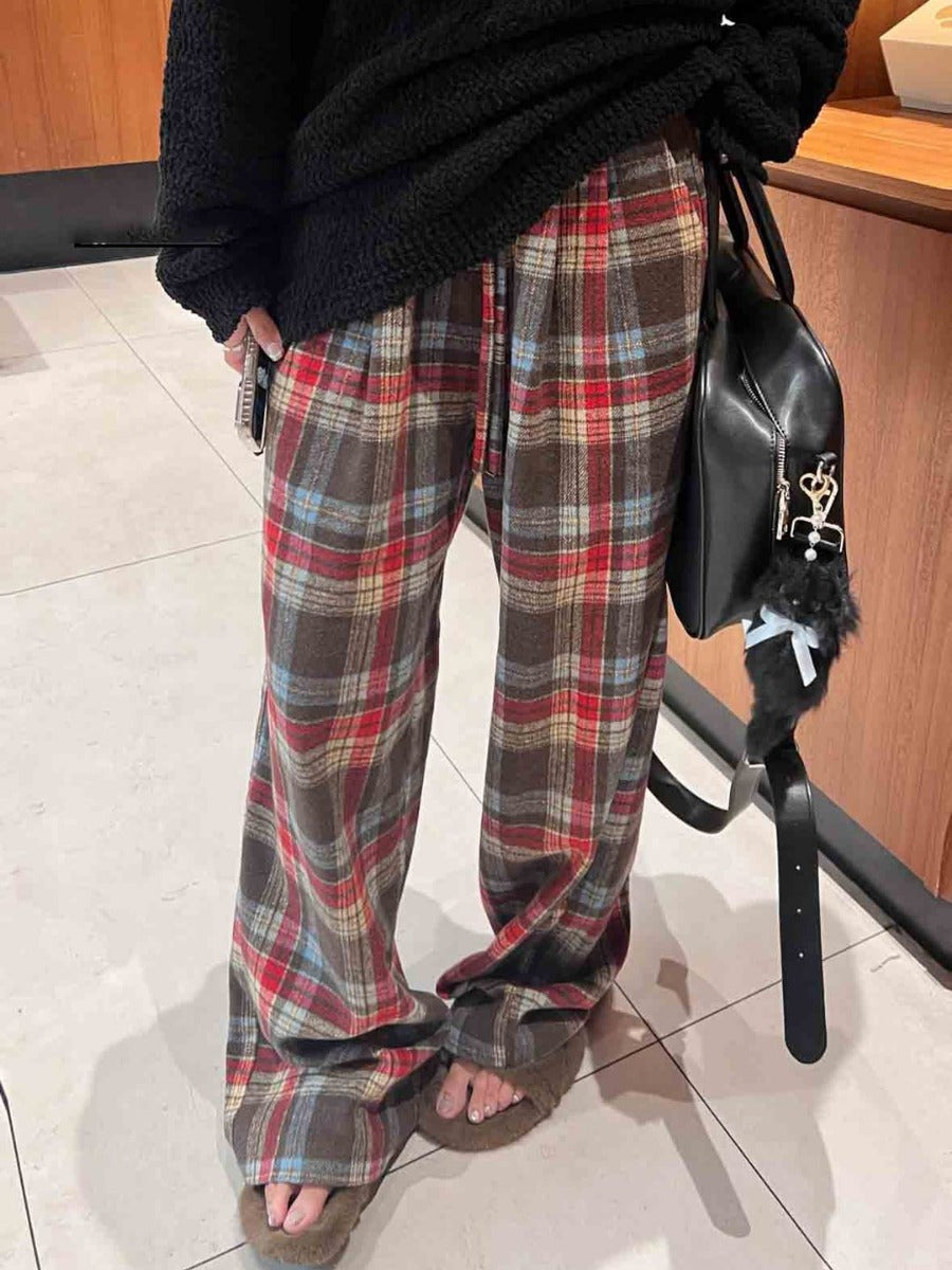 Autumn And Winter Leisure Plaid Wide-leg Trousers