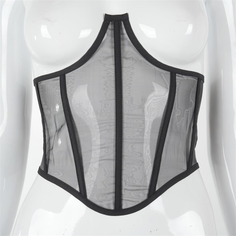 Versatile Solid Color Mesh Breastplate Fishbone Tie Rope Tunic