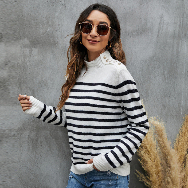 Women's Striped Sweater Loose Long Sleeve Stand Collar Sweater