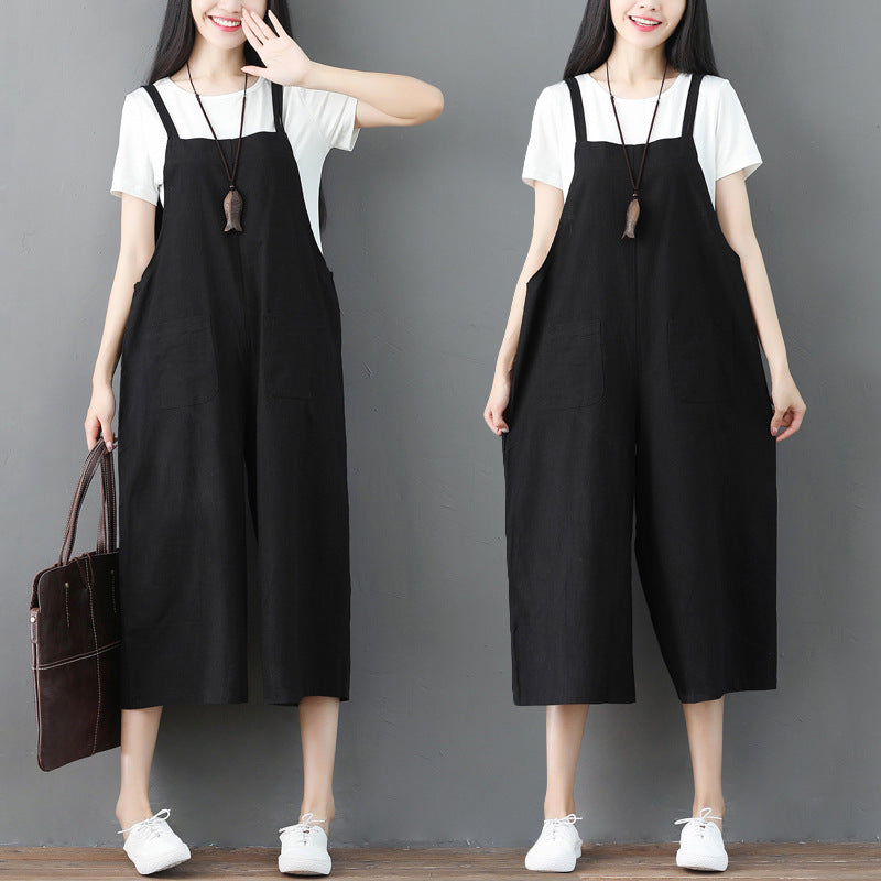 Plus Size Loose Linen Jumpsuit Suspender Pants
