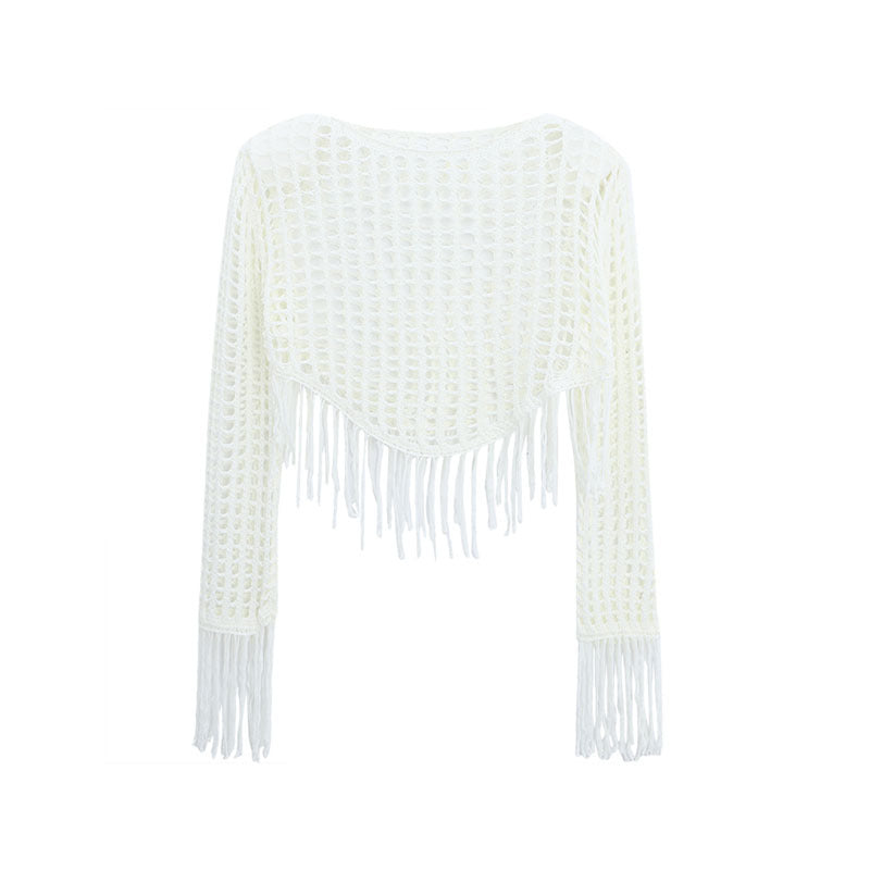 White Cropped Blouse With Fringed Top