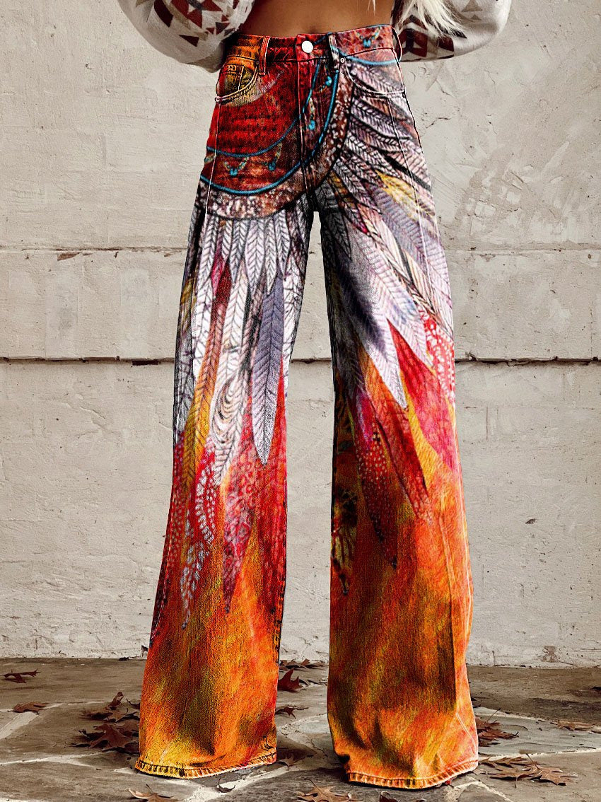 Lightweight Faux Denim Pants With Wide Legs And 3D Print