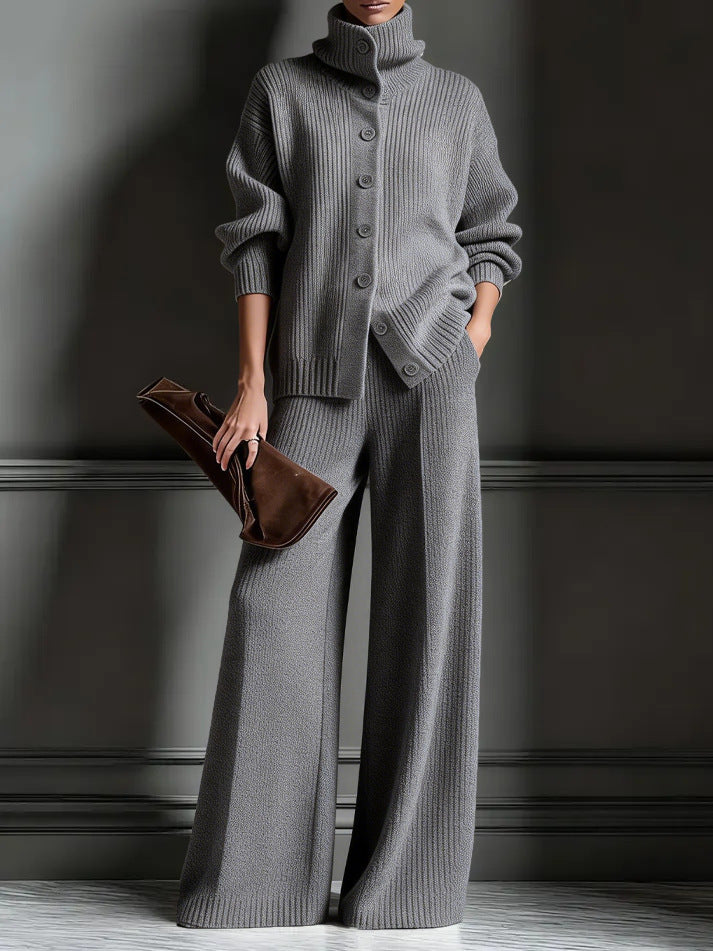 Stylish Womens Casual Knit Turtleneck Wide-Leg Set
