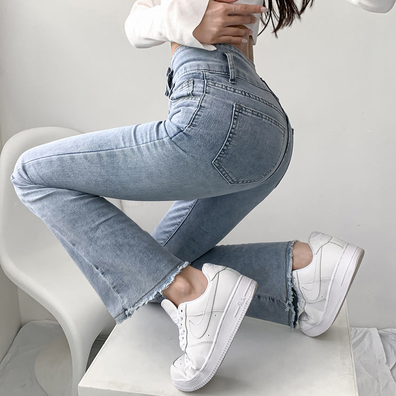 Light-colored High Waisted Micro Trousers Slimming Women's Raw Edge Cropped Flared Pants