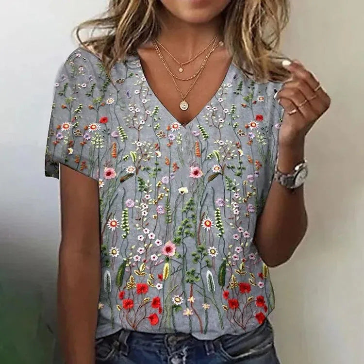 Women's Cotton Short-sleeved T-shirt V-neck Floral Print