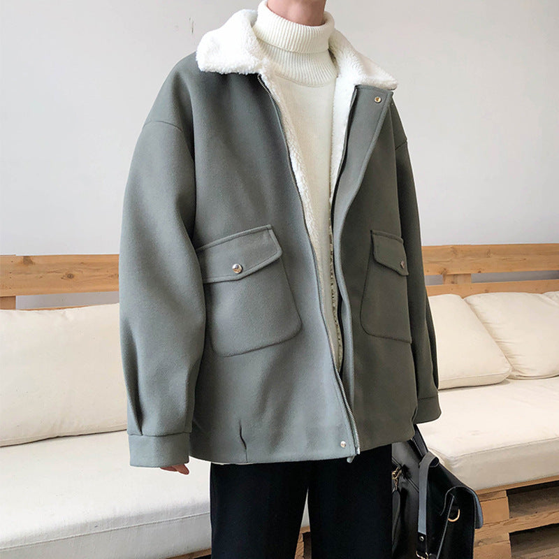 Lamb Plush Woolen Coat For Men, Versatile In Winter Japanese Style, Thickened For Warmth