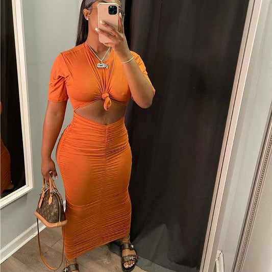 Sexy Solid Color Pleating Short Sleeve Dress Suit