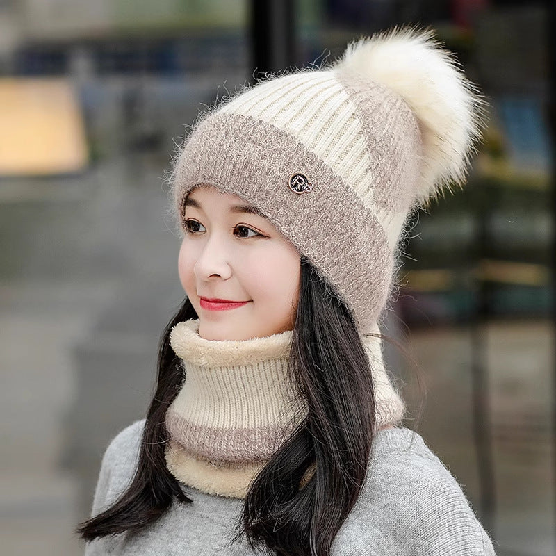 Cycling Warm With Velvet Cold-proof Women's Winter Cotton-padded Cap Scarf Set