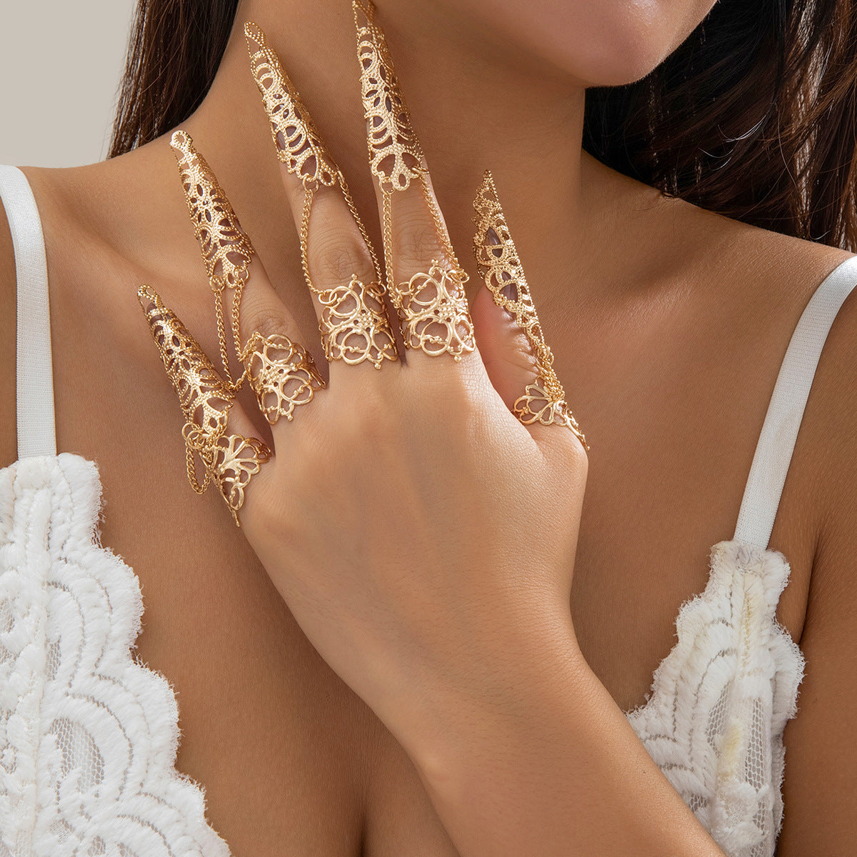 Ornament Gothic Style Hollow Tapered Fingernail Cap Ring Niche Metal Tassel Ring