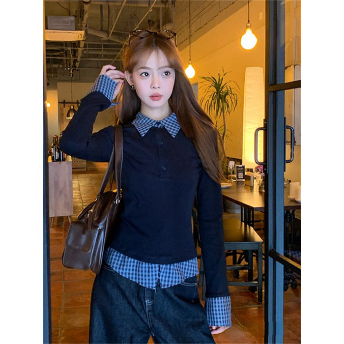 Fashion Fake Two-piece Slim-fit Long-sleeved T-shirt For Women