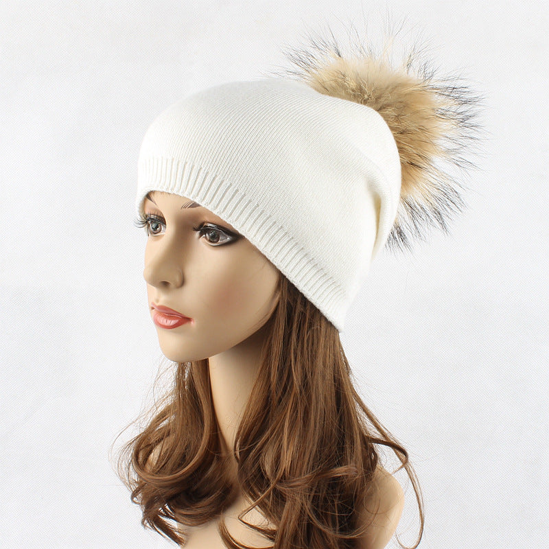 Raccoon Fur Ball Knitted Women's Solid Color Wool Pullover