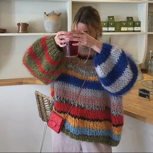 Women's Round Neck Rainbow Striped Sweater