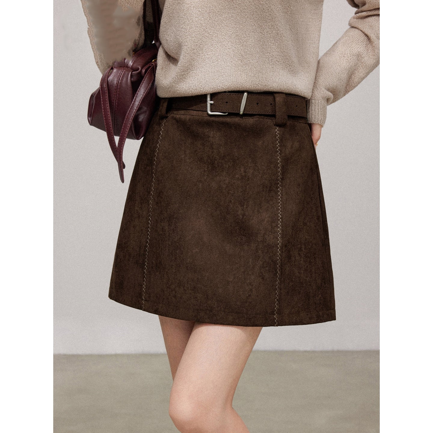 Deerskin Suede Coffee-colored A-line Skirt For Women Autumnwinter