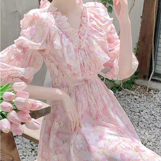 Fragmented Flowers Long Sleeve Dress Women's Spring