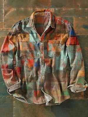 New Retro Vacation Style Color Matching Printing Stylish Men's Long Sleeve Button Top Shirt